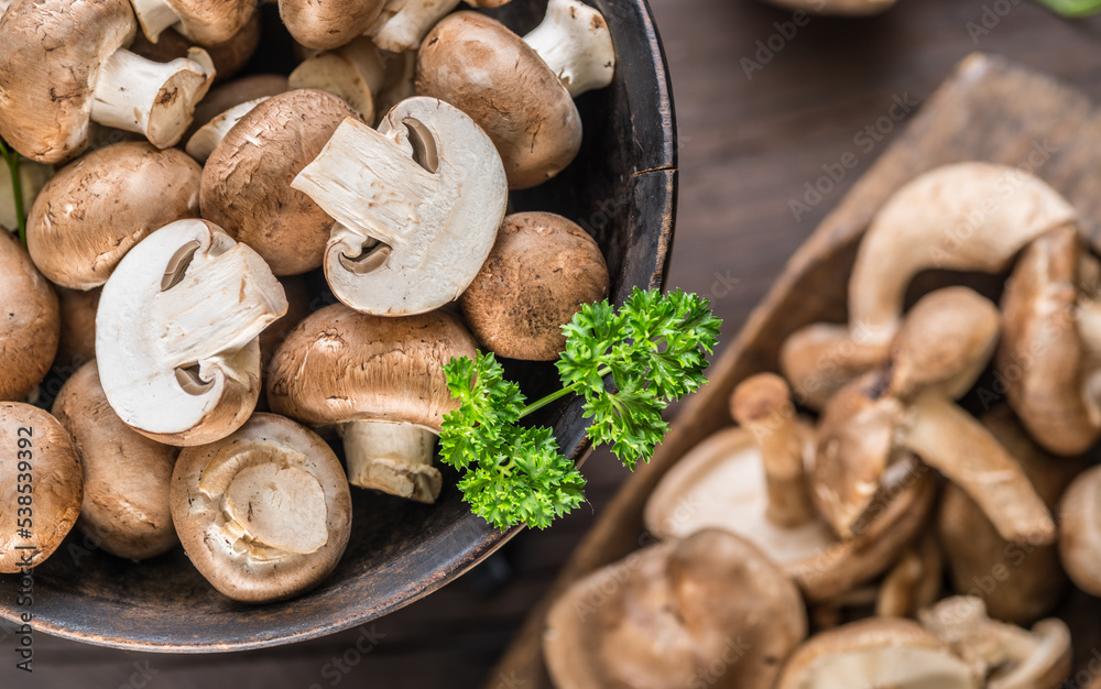Different brown colored edible mushrooms on wooden table with herbs. Top view. Different brown colored edible mushrooms on wooden table with herbs. Top view.