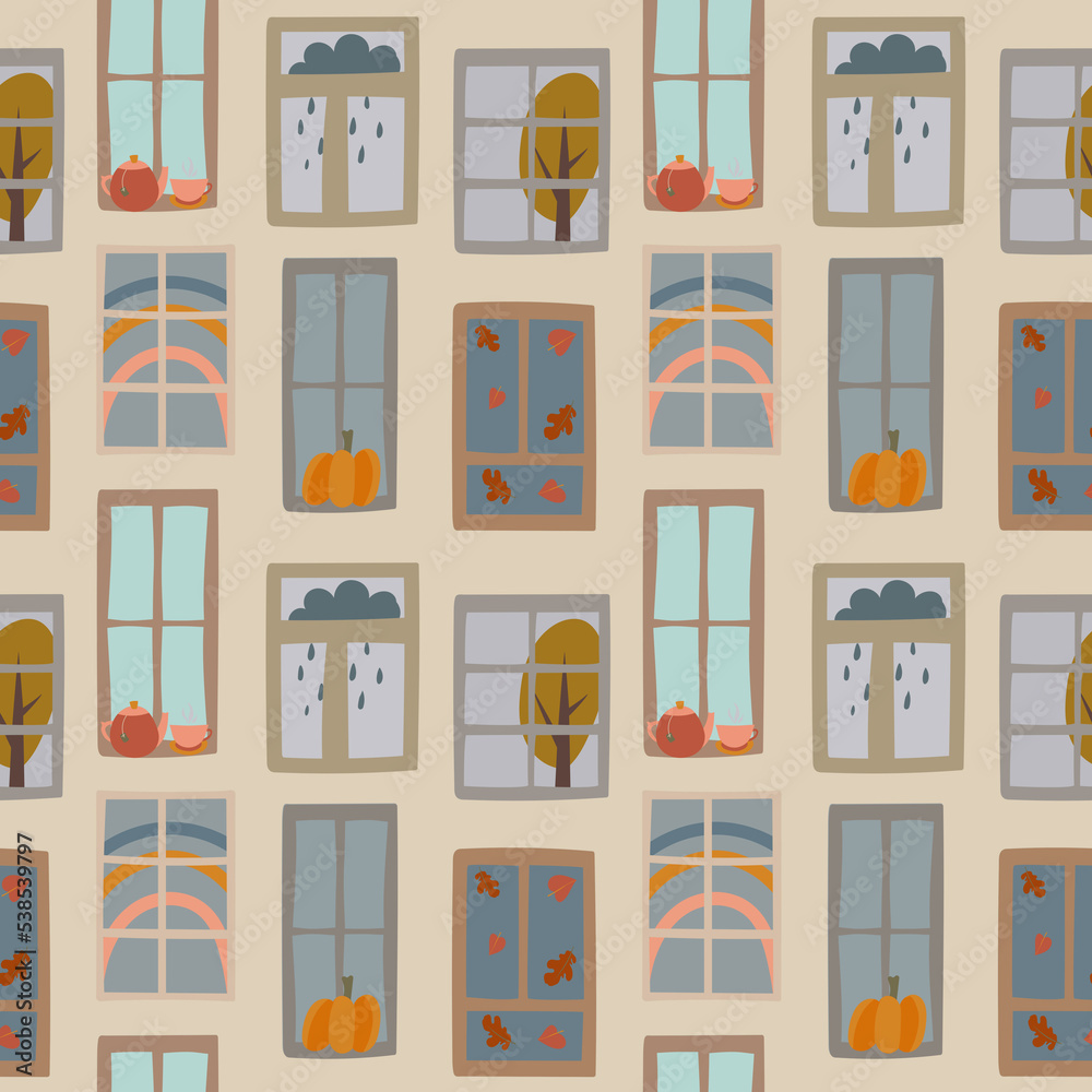 cartoon window seamless pattern, diffrenet windows repeat print, autumn window endless background, Cartoon building illustration cartoon window seamless pattern, diffrenet windows repeat print, autumn window endless background, Cartoon building illustration