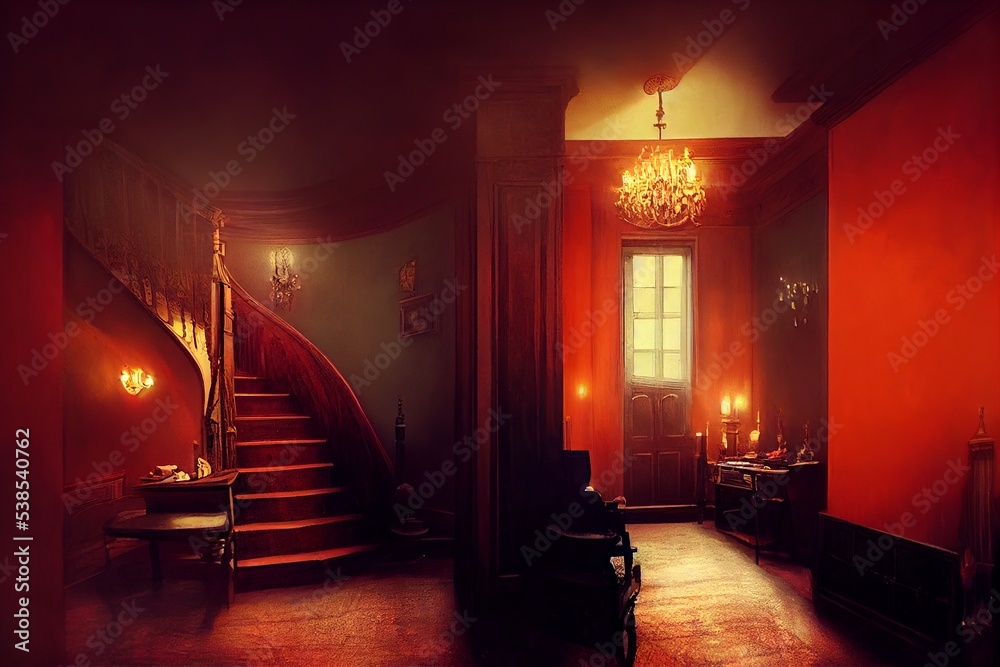 Victorian mansion living room with staircase interior illustration