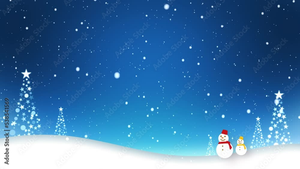 雪が舞う中を雪だるまたちが歩く映像に、メリークリスマスの文字が浮かび上がる(ループ映像) 雪が舞う中を雪だるまたちが歩く映像に、メリークリスマスの文字が浮かび上がる(ループ映像)