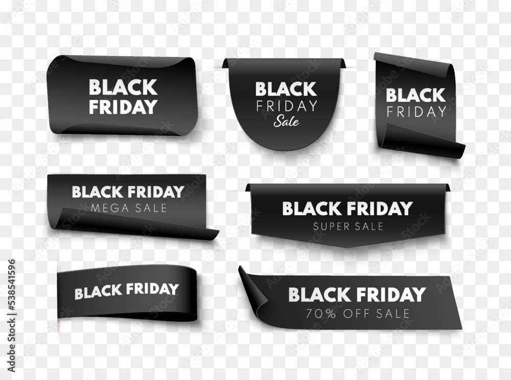 Black Friday sale labels. Different shape ribbon banners collection. Vector price tags isolated. Black Friday sale labels. Different shape ribbon banners collection. Vector price tags isolated.