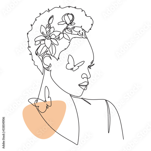 Line Art Woman Face Drawing. Black Woman Vector. Afro American Female Logo. Contouring Line. Minimalist Face. Beauty salon