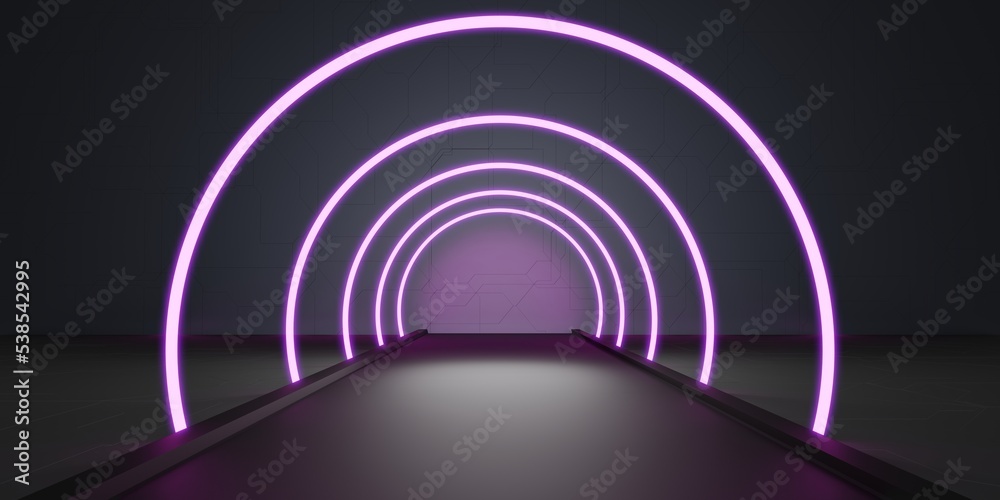 Fototapeta premium Abstract tunnel corridor with rays of light and new highlights Abstract background neon Scene with rays and lines Round arch light in motion night 3D illustration