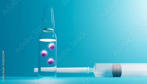 3d render of a glass medical ampoule with an antiviral drug and injection syringe.Illustration of a digital image for medicine.