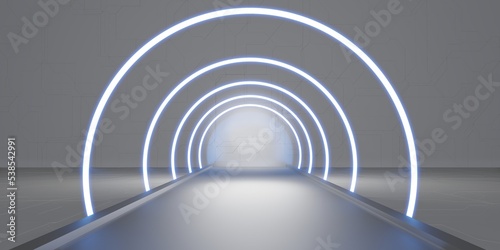 Fototapeta Naklejka Na Ścianę i Meble -  Abstract tunnel corridor with rays of light and new highlights Abstract  background neon Scene with rays and lines Round arch light in motion night 3D illustration