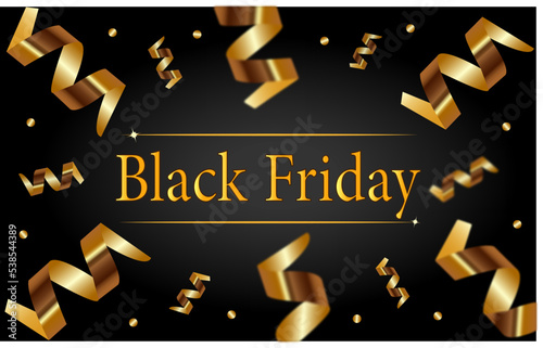 Black friday sale, background with gold serpentine and confetti. Universal vector background for posters, banners, flyers, cards, prints. Modern style.