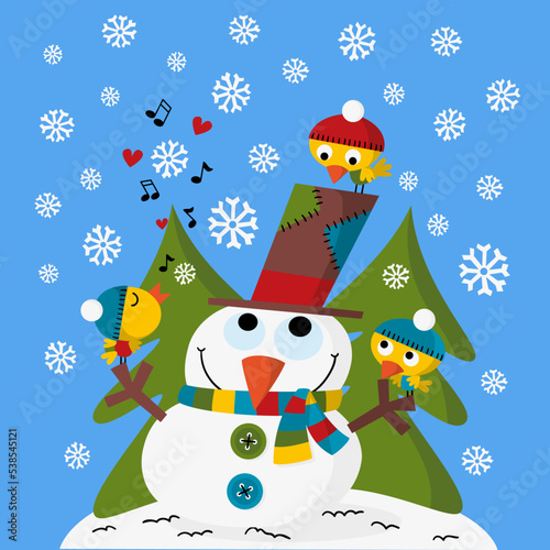 Illustration of a snowman with three birds singing and fir trees in the background