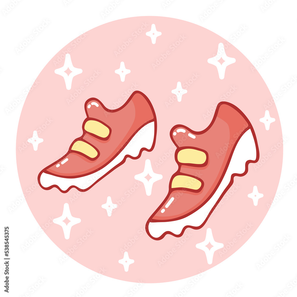 Cute hand-drawn pair of sneakers in doodle cartoon style. Round composition in neutral candy colors. Kawaii element for card, social media banner, sticker, decoration kids playroom. Vector Cute hand-drawn pair of sneakers in doodle cartoon style. Round composition in neutral candy colors. Kawaii element for card, social media banner, sticker, decoration kids playroom. Vector
