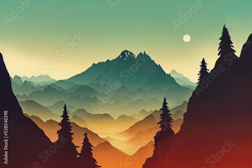 Unbelievable mountain landscape. modern illustration concept. exciting view. a great mountains are surrounded river. camping. outdoor recreation. sunset. photo