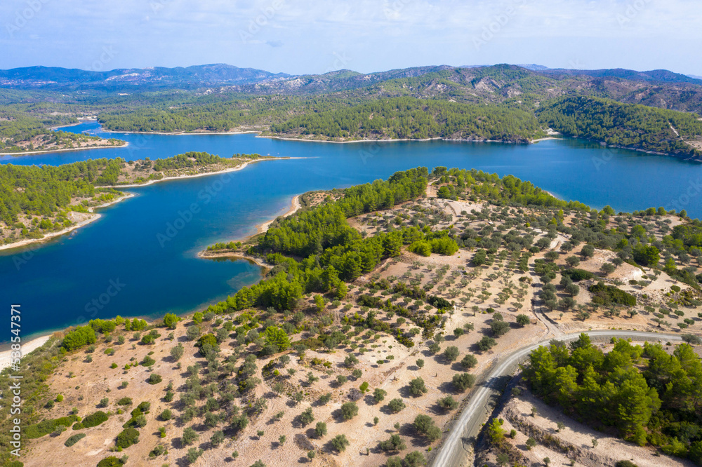 Aerial view of Gadouras Dam. Solving the important and crucial water supply problems.
Near the villages of Lardos and Laerma in the southern part of the island. Rhodes, Greece.