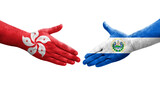 Handshake between El Salvador and Hong Kong flags painted on hands, isolated transparent image.