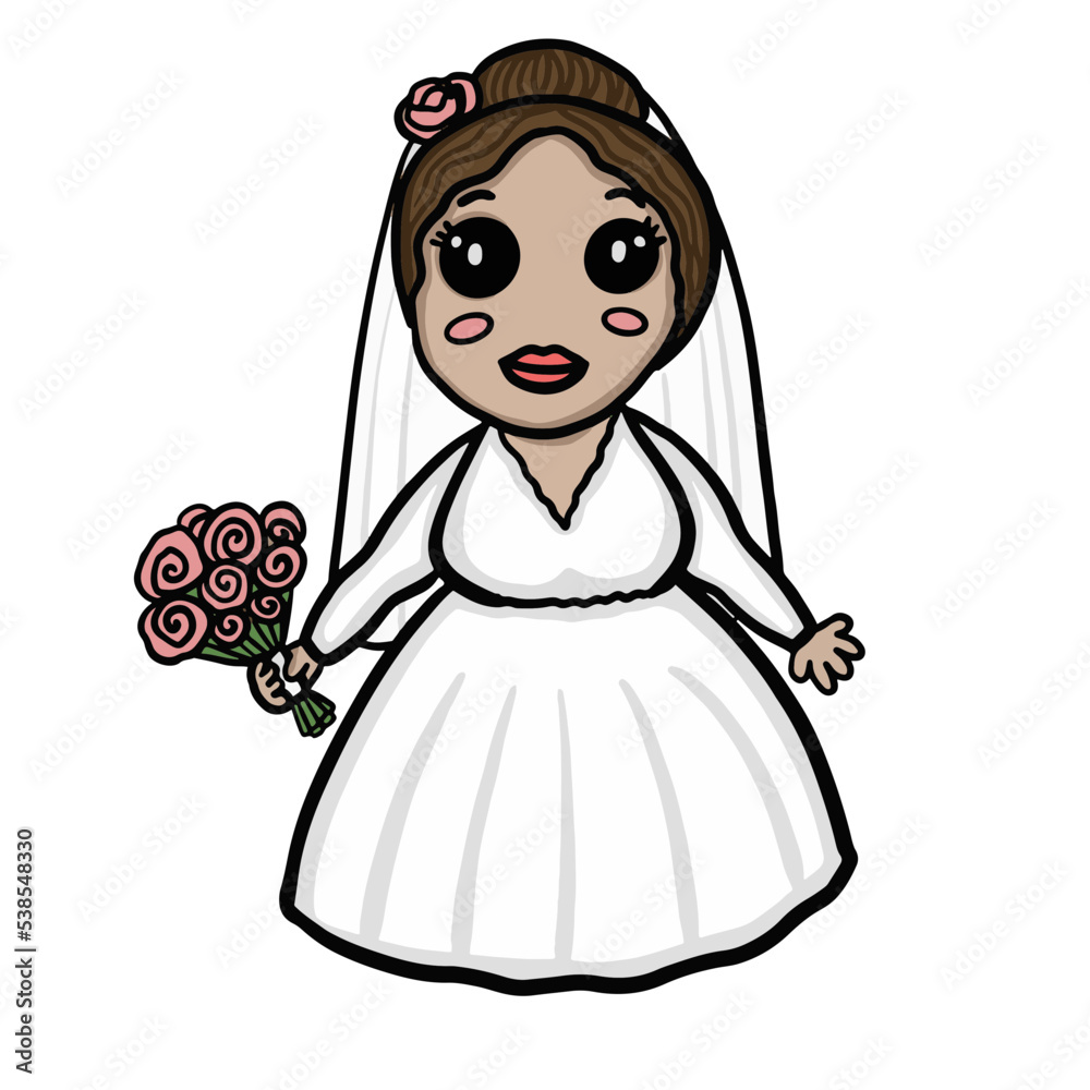 Brown hair cute bride in wedding dress with a bouquet doodle vector illustration. Hand drawn wedding artwork, design for a wedding cards, invitations, backgrounds, wallpapers, map. Brown hair cute bride in wedding dress with a bouquet doodle vector illustration. Hand drawn wedding artwork, design for a wedding cards, invitations, backgrounds, wallpapers, map.