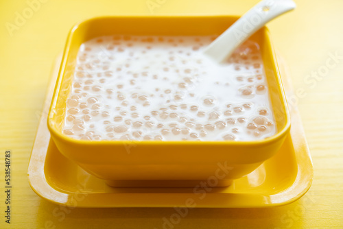 Tableau sur toile angle view bowl of Chinese syrup of sago with coconut juice on yellow background