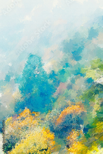 Digital painting of autumn tree with yellow leaves