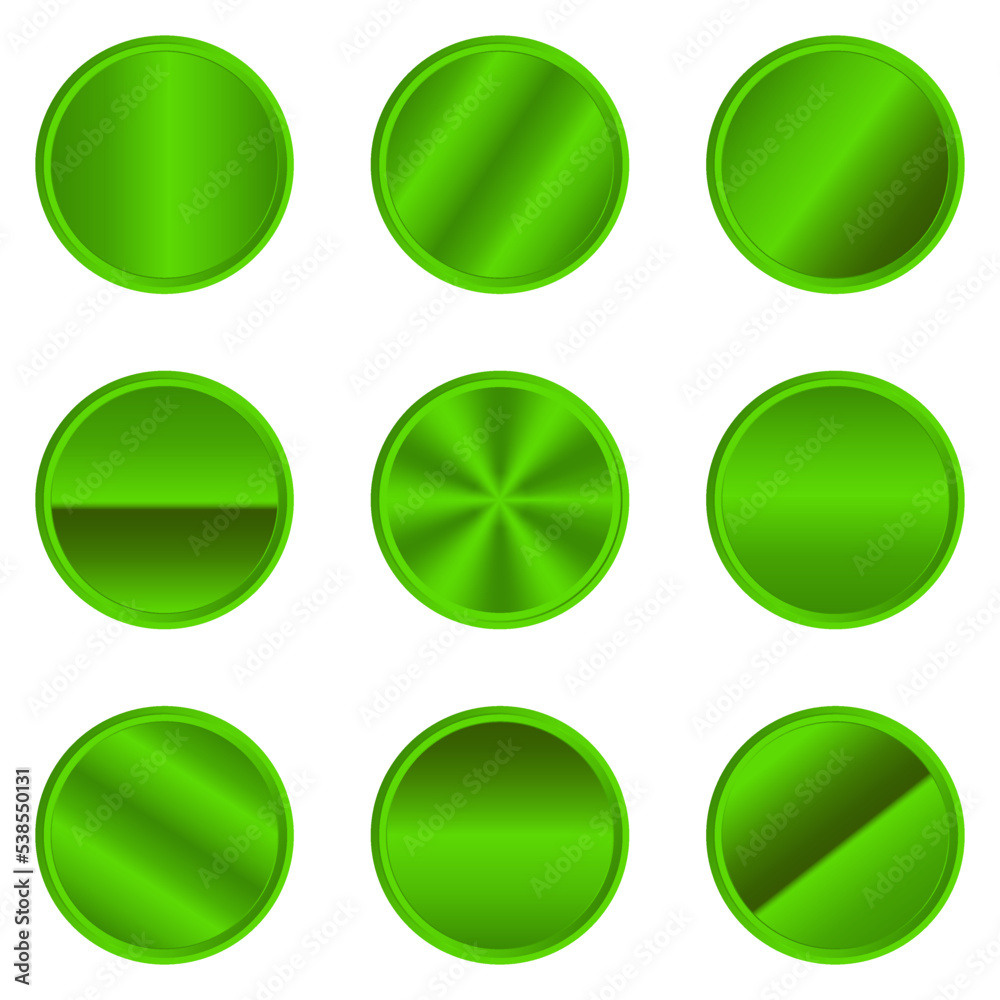 Set of metallic green circles. Luxury metallic green circle button. Metallic green circle. Realistic metal button. Green circles collection. Vector illustration Set of metallic green circles. Luxury metallic green circle button. Metallic green circle. Realistic metal button. Green circles collection. Vector illustration