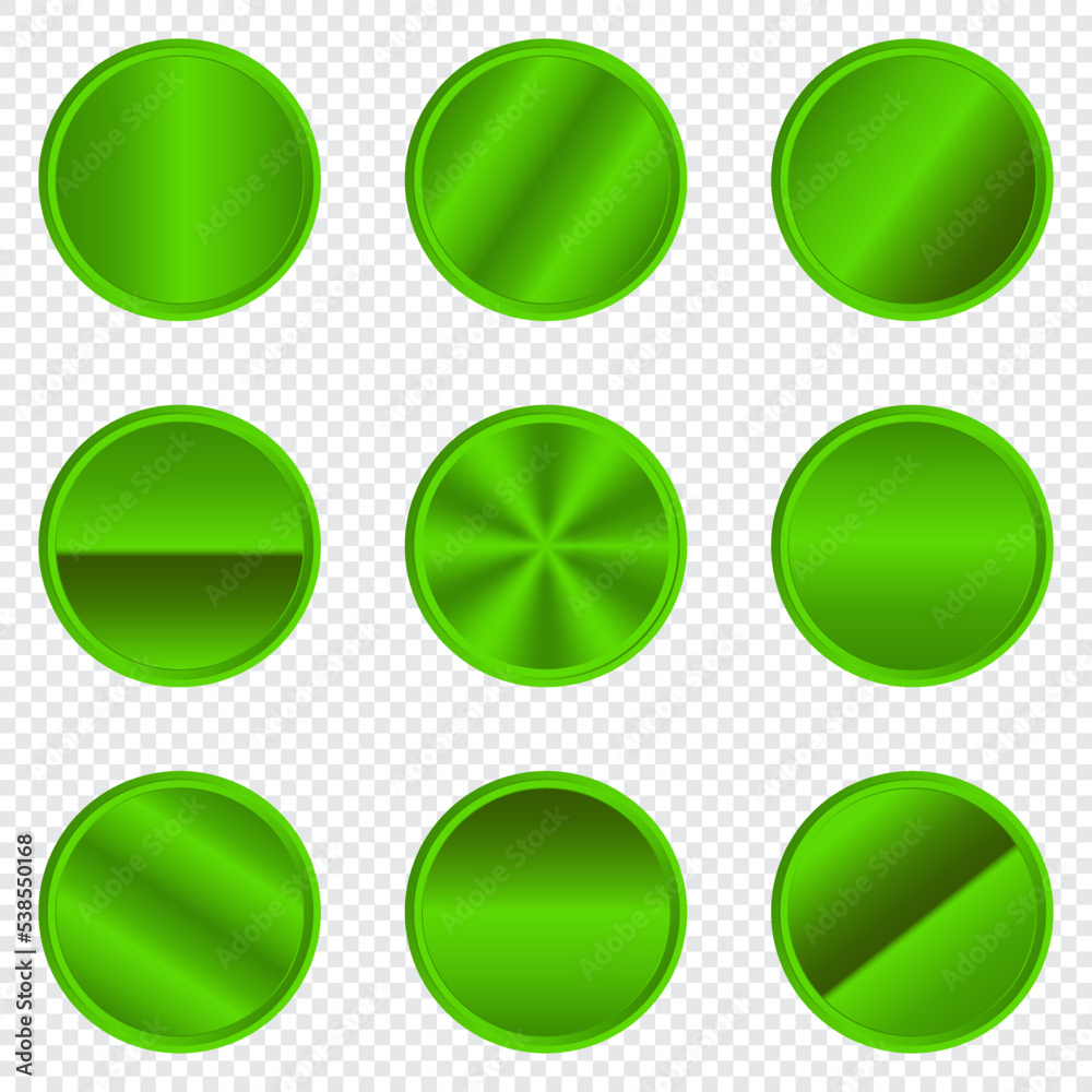 Set of metallic green circles. Luxury metallic green circle button. Metallic green circle. Realistic metal button. Green circles collection. Vector illustration Set of metallic green circles. Luxury metallic green circle button. Metallic green circle. Realistic metal button. Green circles collection. Vector illustration