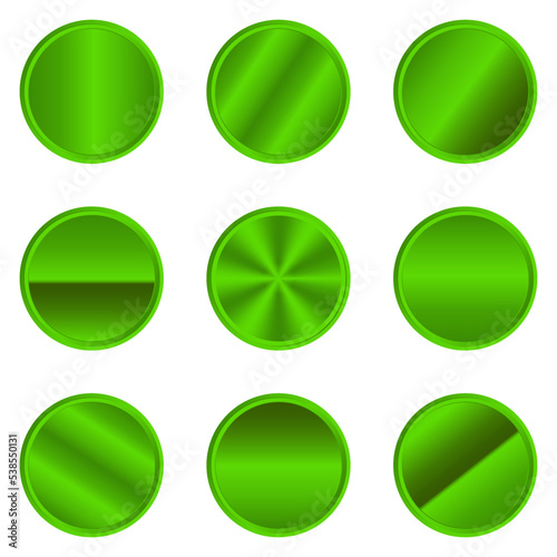 Set of metallic green circles. Luxury metallic green circle button. Metallic green circle. Realistic metal button. Green circles collection. Vector illustration