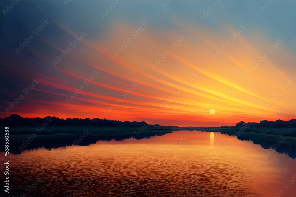 Obraz premium A beautiful and tranquil sunset over a river. 