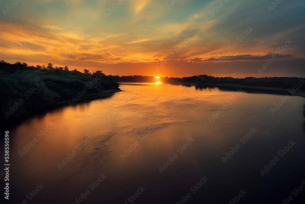 Obraz premium A beautiful and tranquil sunset over a river. 
