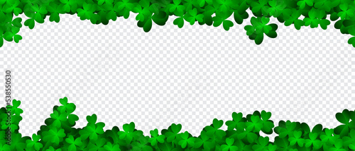 Clover shamrock leaf seamless border. Patricks Day seamless background with green clover. Vector green grass clover pattern background. Realistic green clovers. Vector illustration