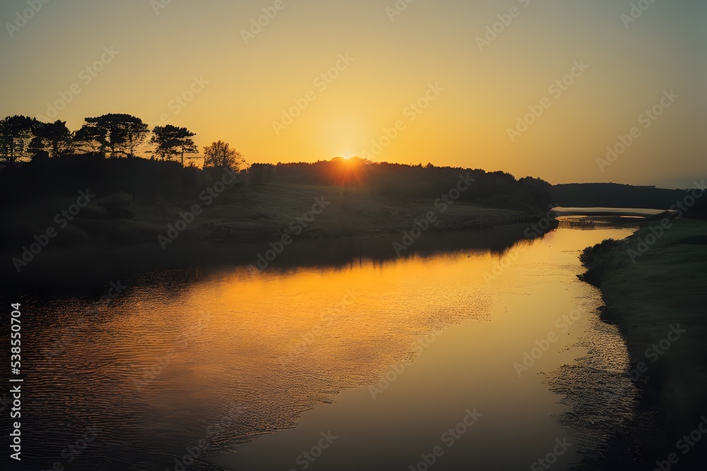 Obraz premium A beautiful and tranquil sunset over a river.