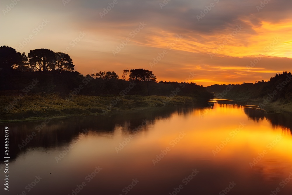 Obraz premium A beautiful and tranquil sunset over a river. 