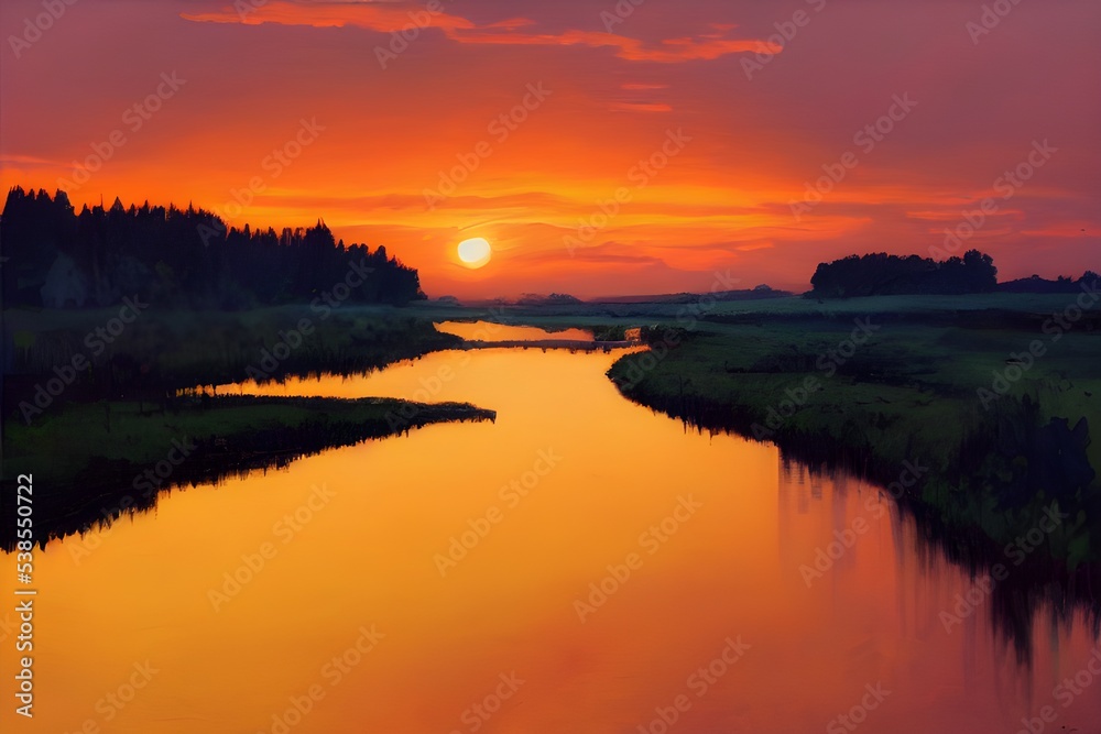 Obraz premium A beautiful and tranquil sunset over a river. 