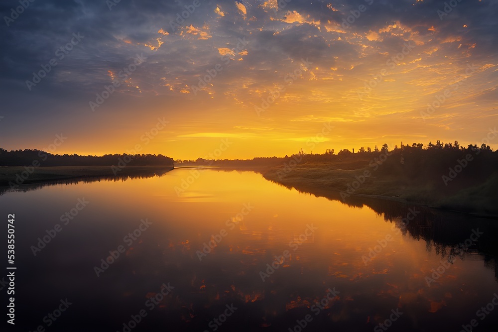 Fototapeta premium A beautiful and tranquil sunset over a river. 
