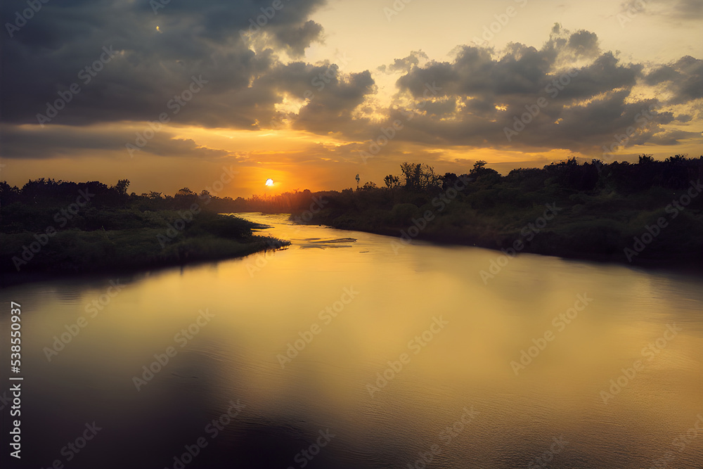 Fototapeta premium A beautiful and tranquil sunset over a river. 