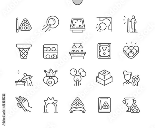 Snooker. Sport, billiard, competition, game. Best player and championship. Snooker table. Pixel Perfect Vector Thin Line Icons. Simple Minimal Pictogram