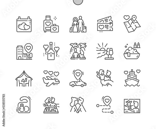Honeymoon. Bridal champagne. Wedding car, romantic dinner, love. Couple tickets, honeymoon travel. Pixel Perfect Vector Thin Line Icons. Simple Minimal Pictogram