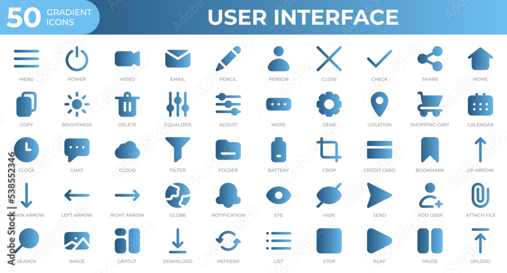 Set of 50 User Interface icons in gradient style. Menu, calendar, clock. Gradient icons collection. Vector illustration Set of 50 User Interface icons in gradient style. Menu, calendar, clock. Gradient icons collection. Vector illustration