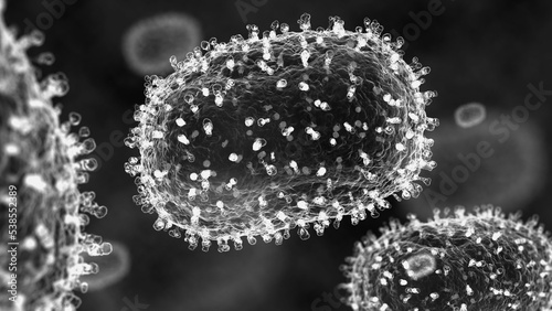 Detailed illustration of a monkeypox virus, few cells under a microscope, 3d render. photo