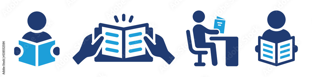 Read book icon set. Person reading book vector illustration. Read book icon set. Person reading book vector illustration.