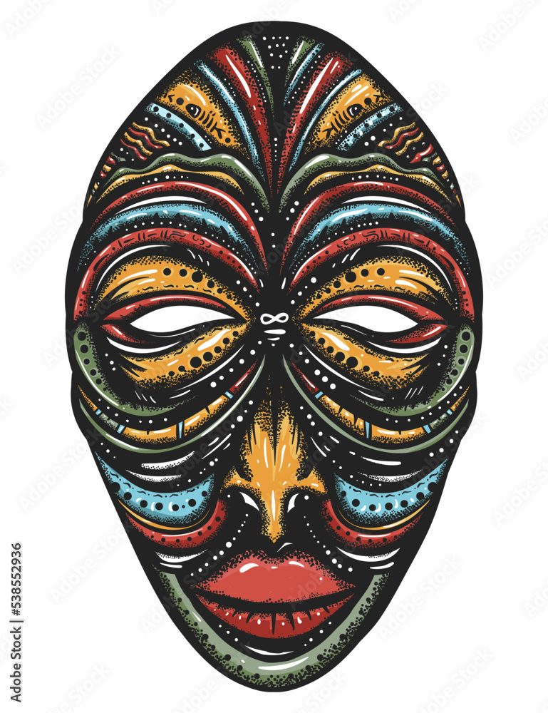 Naklejka premium African ethnic mask. Africa elements. Old school tattoo vector art. Hand drawn graphic. Isolated on white. Traditional flash tattooing style