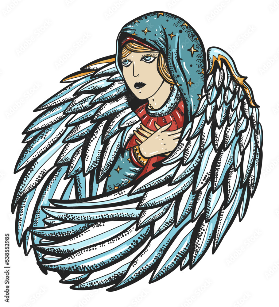 Beautiful angel woman. Virgin Mary and wings. Goddess lady. Symbol of