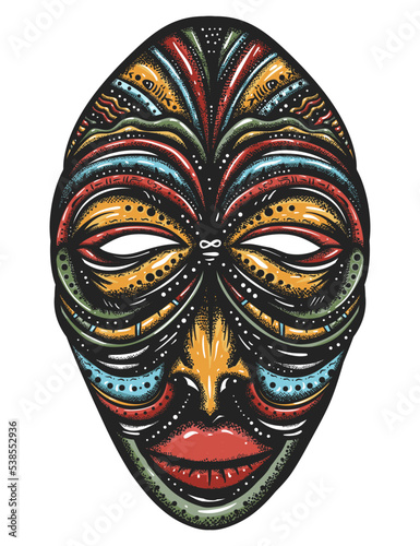 African ethnic mask. Africa elements. Old school tattoo vector art. Hand drawn graphic. Isolated on white. Traditional flash tattooing style