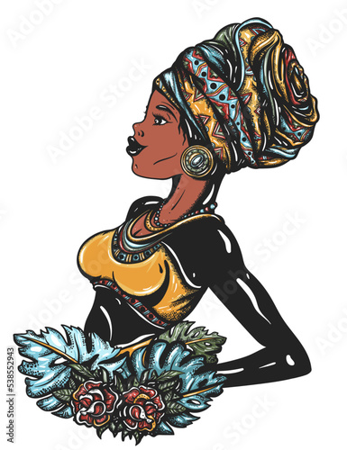 African woman in traditional turban. Portrait. Ethnic afro girl. Black tribe. Africa people art. Old school tattoo vector art. Hand drawn graphic. Isolated on white. Traditional flash tattooing style