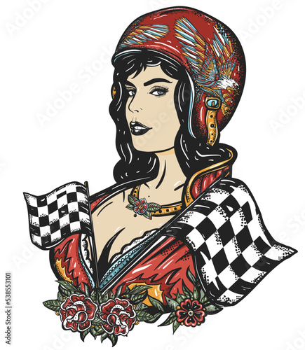 Biker girl. Pin up moto sport woman. Lifestyle of racers. Old school tattoo vector art. Hand drawn graphic. Isolated on white. Traditional flash tattooing style