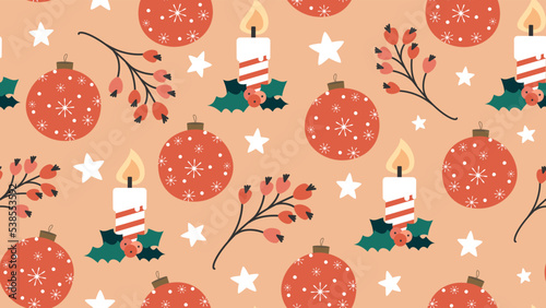 seamless vector pattern background illustration with berries, stars, christmas baubles ornament and candles