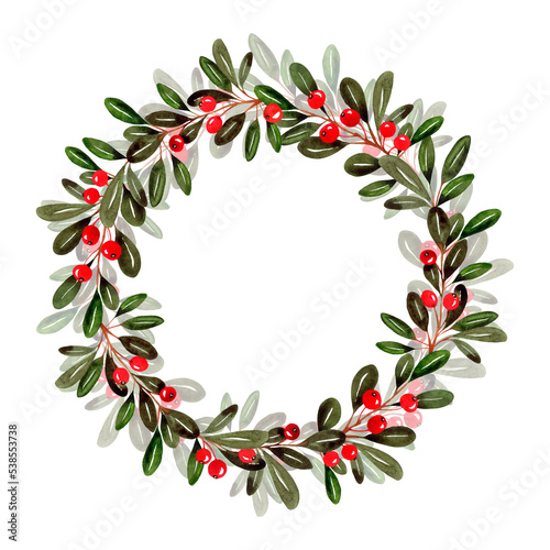 Christmas leaves wreath with semi transparent effect and redberries on white background. Winter holidays, new year.