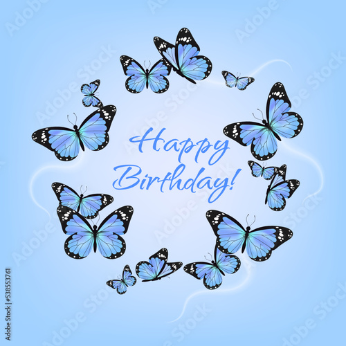 Blue realistic flying monarch butterfly circle on a blue background. Happy Birthday banner round template. Vector illustration. Decorative print design. Colorful fairy wings.