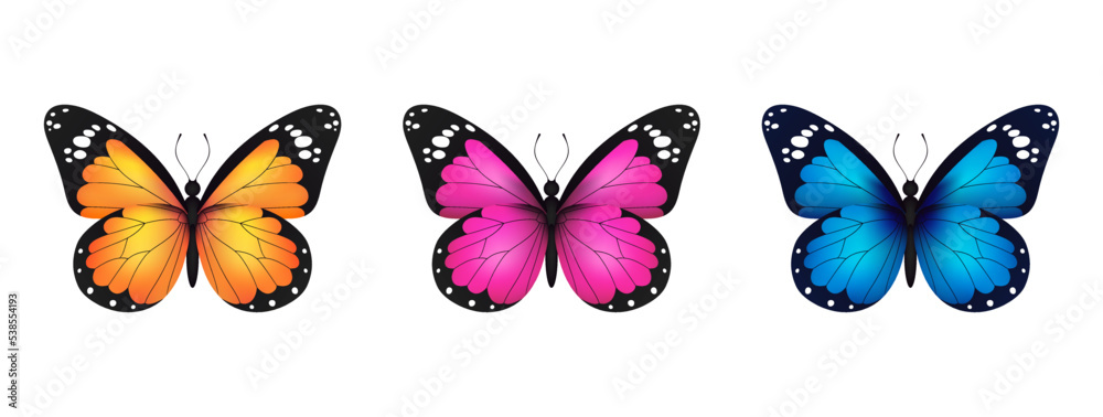 Blue, pink, yellow realistic flying monarch butterfly set on a white background. Vector illustration. Decorative print design. Colorful fairy wings.