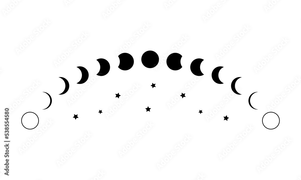 Black moon different phases or lunar phases curve and stars on white  background flat vector icon design. Stock Vector