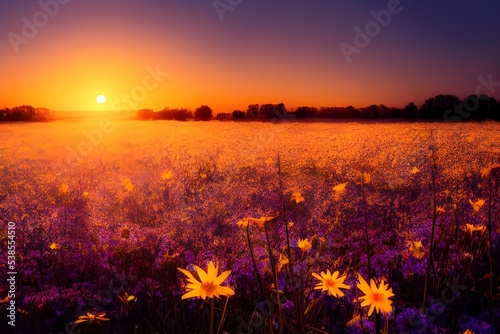 Tranquil sunset over a beautiful field of flowers. 