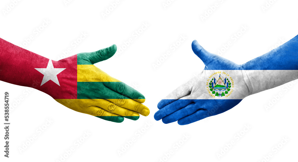 Handshake between El Salvador and Togo flags painted on hands, isolated transparent image. Handshake between El Salvador and Togo flags painted on hands, isolated transparent image.