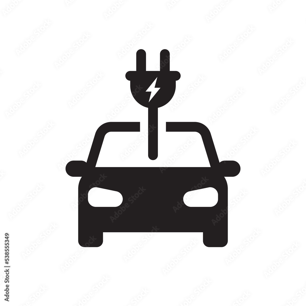 Electric car with plug icon symbol, Green hybrid vehicles charging point logotype, Eco friendly vehicle concept, Vector illustration Electric car with plug icon symbol, Green hybrid vehicles charging point logotype, Eco friendly vehicle concept, Vector illustration
