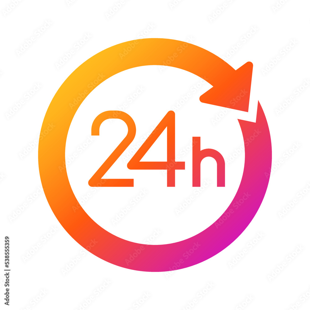 Twenty four hour with arrow loop icon, 24 hours cyclic sign, Opened order execution or delivery, All day business and service, Vector design illustration Twenty four hour with arrow loop icon, 24 hours cyclic sign, Opened order execution or delivery, All day business and service, Vector design illustration