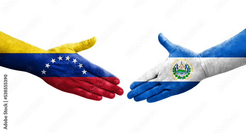 Handshake between El Salvador and Venezuela flags painted on hands, isolated transparent image. Handshake between El Salvador and Venezuela flags painted on hands, isolated transparent image.