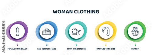 editable thin line icons with infographic template. infographic for woman clothing concept. included female long black dress, fashionable hand bag, clothing stitches, hair wig with side, parfum